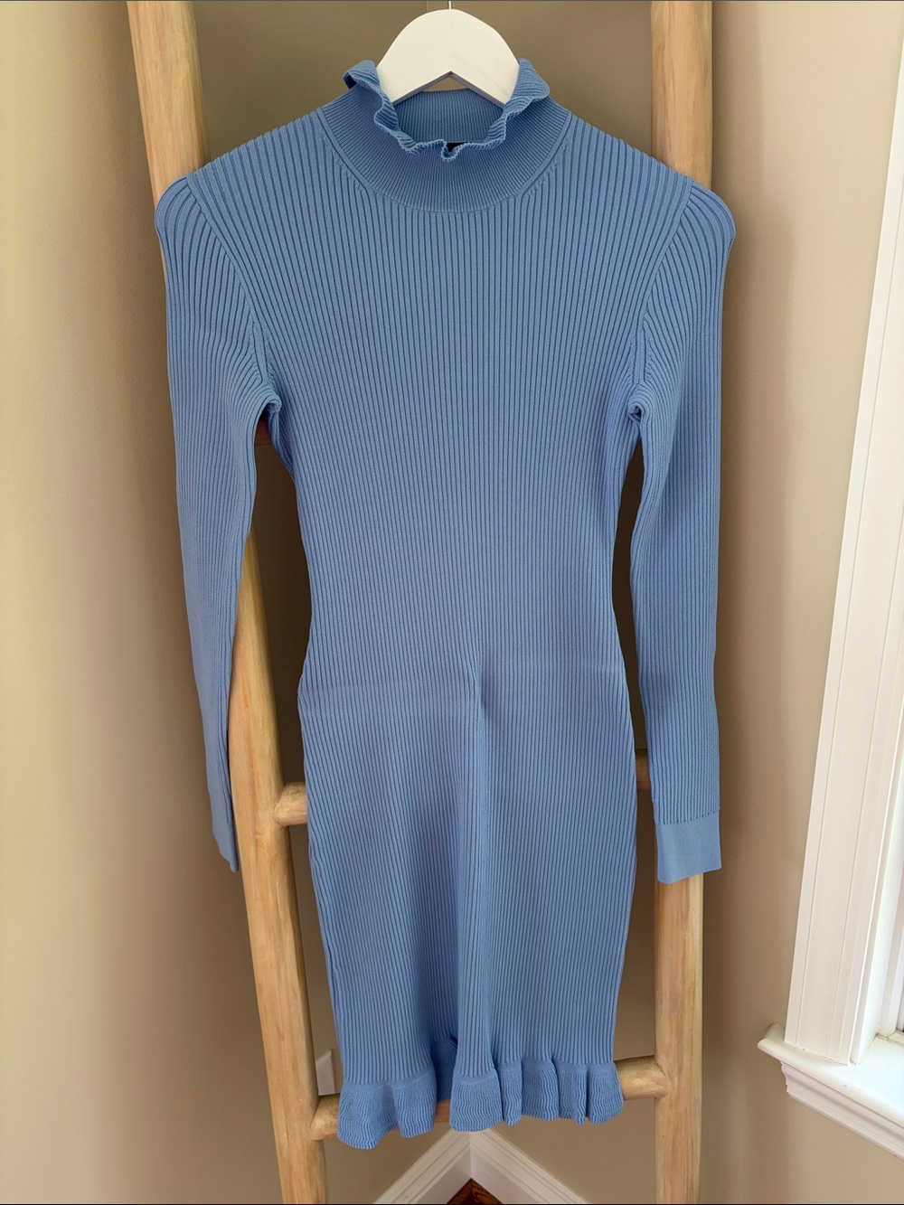 J. Crew Periwinkle Ribbed Knit Ruffle-Trim Long Sleeve Dress
